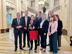 Mary Lou McDonald speaks to reporters at Stormont