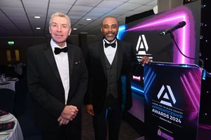 BUSINESS COPYRIGHT NATIONAL WORLD TIM STURGESS 13/11/24.  Ladder for the Black Country  Apprentice Awards 2024 .The Richardson Suite at West Bromwich Football Club. Pictured,left, Rob Colbourne and Kevin Davis.