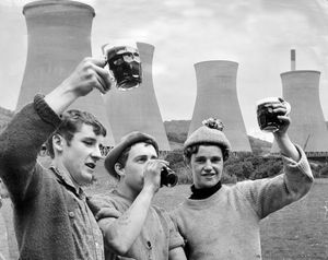 David Smart, Gordon Bradshaw and David Bailey, after they and the rest of the men finished the construction of the last cooling tower at Ironbridge in the late 1960s.