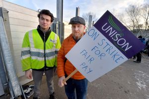 Environment Agency workers on strike at the flood barriers in Frankwell car park, Shrewsbury