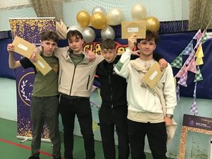 Celebrating their results (from left) Callum Green, Joseph Danby, Josh Humphries and Reuben Harrington