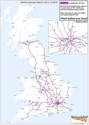Network Rail map showing the routes that will be open during strike action, highlighted in purple