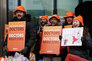 Resident doctors on the picket line outside Queen Elizabeth Hospital in Birmingham, on the first day of a five-day walkout over pay and jobs. Photo: Jacob King/PA Wire