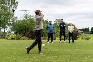 Steve Twaites from Coventry Timber tees off, watched by (from left to right) Gareth Buckley and Adam Daniels from Vistry and Steve Mount from Coles, at the charity golf day held at the Shropshire Golf Centre in Telford.


