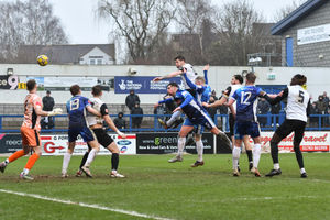 Matty Stenson heads the ball home for AFC Telford United against Redditch United on Saturday (Pictures: Kieren Griffin Photography)