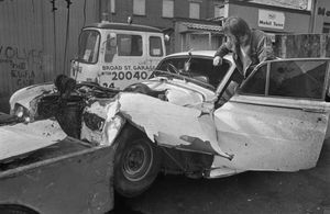 The wrecked car belonging to English musician Don Powell, the drummer for glam rock group Slade, after a road accident in Wolverhampton earlier that day, UK, 4th July 1973. Powell's fiancée Angela Morris was killed, and Powell himself sustained serious injuries. (Photo by Evening Standard/Hulton Archive/Getty Images)