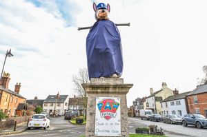 The Lord John Scott statue in Dunchurch is decorated as German Shepherd pup Chase from Paw Patrol for the annual festive statue transformation. December 14 2025. /