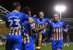 Town players celebrate after coasting into a 4-0 first-half lead in the rampant display against Bristol Rovers (AMA)
