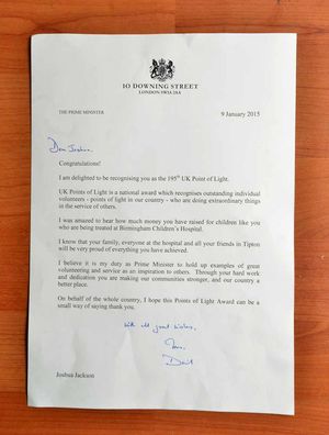Josh's letter from the Prime Minister