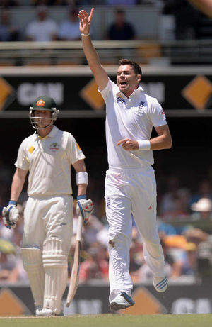 England's James Anderson (right) appeals for the wicket of Australia's Nathan Lyon (not pictured)
