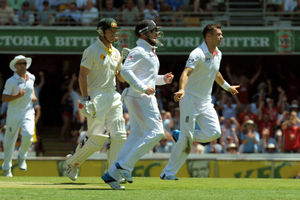 England's James Anderson (right) celebrates taking the wicket of Australia's George Bailey (left)