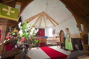 Maureen Ross inside the tin tabernacle