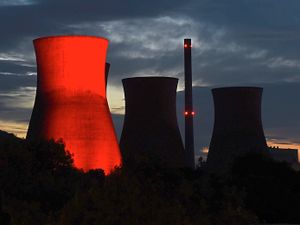 Supporting image for story: Ironbridge Power Station cooling tower lights up one last time
