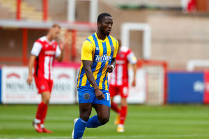Dan Udoh of Shrewsbury Town celebrates after scoring a goal to make it 0-2. (AMA)