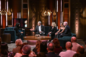 From left: host Claudia Winkleman, Jeff Goldblum, Jennifer Saunders,  Vanessa Williams and Tom Allen during filming for The Claudia Winkleman Show. Photo: Matt Crossick/PA Media Assignments