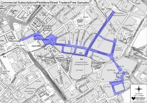 Areas of Birmingham city centre which would be covered by the PSPO designed to tackle activities such as illegal street trading and peddling. Taken from Birmingham City Council document included within public consultation.