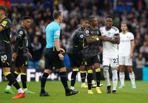 Leeds United's Luis Sinisterra reacts after being shown a second yellow card 