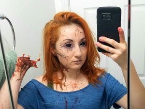 Supporting image for story: Teacher born with one hand makes waves online with gory Halloween make-up