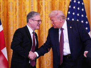 US President Donald Trump and Prime Minister Sir Keir Starmer shake hands during their press conference