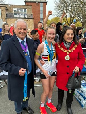Saffron Latham from City of Stoke Athletics Club was the first female runner home. She received her medal from Stafford mayor Jenny Barron and mayor consort Ray Barron