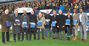 Stars from Albion's iconic 1978/79 team with their caps on Saturday, including Robert and Michelle Regis, who collected Cyrille's on his behalf. Photo courtesy of West Bromwich Albion Former Players' Association.
