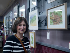 Artist Judith Weir alongside her watercolour of an 'Otter on a Log' which is on display at the Old Picture House. Image by Andy Compton