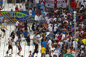 Russia and England fans clash at the end of Saturday's match in Marseille