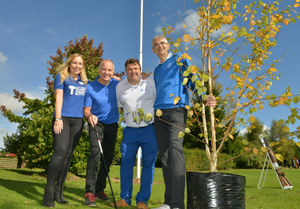 Course proprietor Graham Pain, right pictured with Steve Bull, sponsor Mark Greenfield and Charlotte Kendall, regional Fundraiser for Teenage Cancer Trust as he receives a tree from Mark's company MG Shop Fronts at the charity golf day at Cleobury Mortimer Golf Club