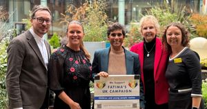 Fatima Whitbread (centre) with (l-r) Lawrence Kelly, Chief People Officer Raffaela Goodby, Gina Gardiner, Co-Founder and Vice Chair of Fatima’s UK Campaign and Director of Communications and Partnerships Ruth Wilkin. 