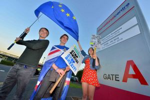 Alex Gunter from Telford, Oscar Redgrave from Shrewsbury, and Rio Smith from Wrexham, make their pro-EU sentiments known in a youth protest outside a Brexit Party event in Telford in 2019.