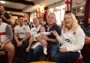 Fans watch England vs South Africa, at Bridgnorth Rugby Club, Bridgnorth, including 16-week-old Cora Stirling, of Bridgnorth