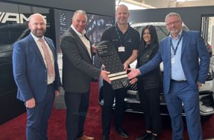 Pictured with the award for Wolverhampton are (L to R) Lookers Mercedes Division Operations Director David Currin, Mercedes-Benz UK After Sales Development Manager Andy Stancombe, Mercedes-Benz of Wolverhampton Service Team Manager Charlie Attwood, Mercedes-Benz of Wolverhampton Apprentice Service Advisor Priya Memmi, and Mercedes-Benz of Wolverhampton General Manager Peter Smith
