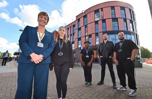 Principal Louise Fall, student Keeley Wilkes 18, Wolverhampton Council cabinet member Councillor Chris Burden and students Aviana Marcelle and Fahad Alzafery pose on the courtyard outside
