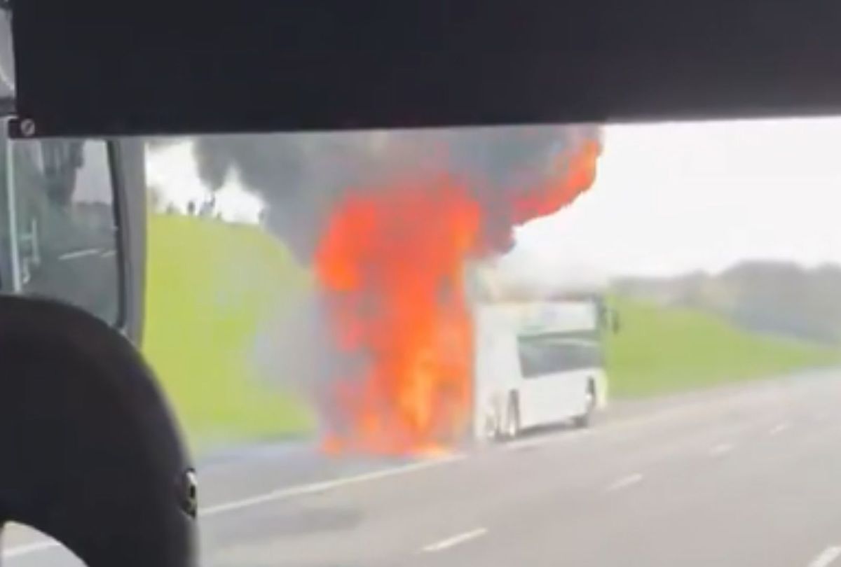 Dramatic moment smoke billows from massive coach fire on M6 Toll - affecting Manchester City fans travelling to Wembley