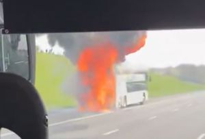 A coach on fire on the M6 toll in Warwickshire.