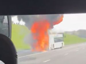 Supporting image for story: Dramatic moment smoke billows from massive coach fire on M6 Toll - affecting Manchester City fans travelling to Wembley