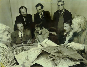 Brian Mason, standing left, in 1976 with others from the original team of volunteers who set up the West Shropshire Talking Newspaper.