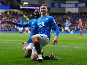 Tom Lawrence celebrates scoring for Rangers