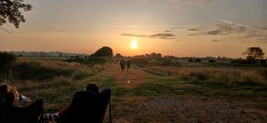 Guests walking along the causeway in front of the long barrow under the new-risen sun