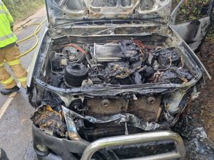 Supporting image for story: New images show pick-up truck gutted by fire on Shropshire A-road