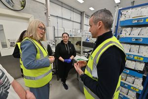 Minister for Skills Jacqui Baroness Smith talks to workers at the Specsavers factory in Kidderminster