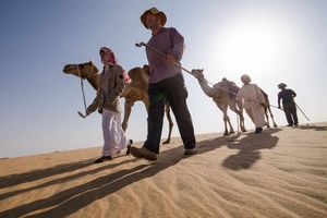 Mark Evans, centre, leading his expedition through the desert