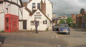 John Cleese outside The Raven in Much Wenlock 