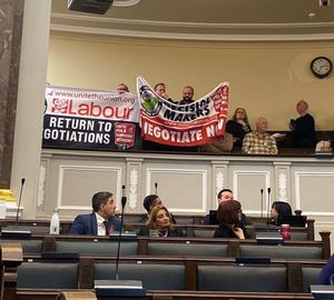Birmingham bins strike protesters bring a full council meeting to a halt on Tuesday, November 4. Credit: Alexander Brock. Permission for use for all LDRS partners.