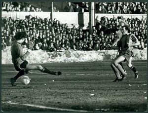 Paul Maguire scores past Joe Corrigan to put Shrewsbury Town on their way to a 2-0 FA Cup victory over the Division One giants Manchester City on 27 January 1979