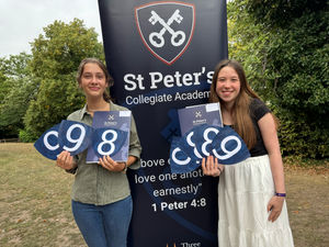 Year 11 students, Julia and Evie, celebrate their outstanding results.