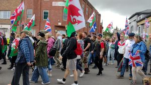 Hundreds of people joined the protest, which marched down Broad Street.