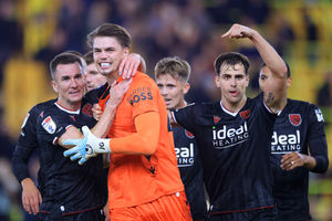 Josh Griffiths celebrates in front of the Albion fans (Photo by Stephen Pond/Getty Images)