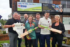 Celebrating the partnership are Mat Cadwallader, Rob Hudson and Jeremy Shingler - all from the Shingler Group, Caroline O'Reilly - cricket club secretary, Joe Shingler - from Shingler Group, who also built the wall, Dan Cande - vice chair of the club, and Kate Davies from the TG Group.