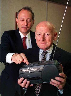 Beacon Radio founder Bernard Blakemore (right) and Bob Pearson scan the airwaves